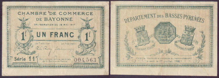 1917 France 1 Franc (Bayonne) L000500